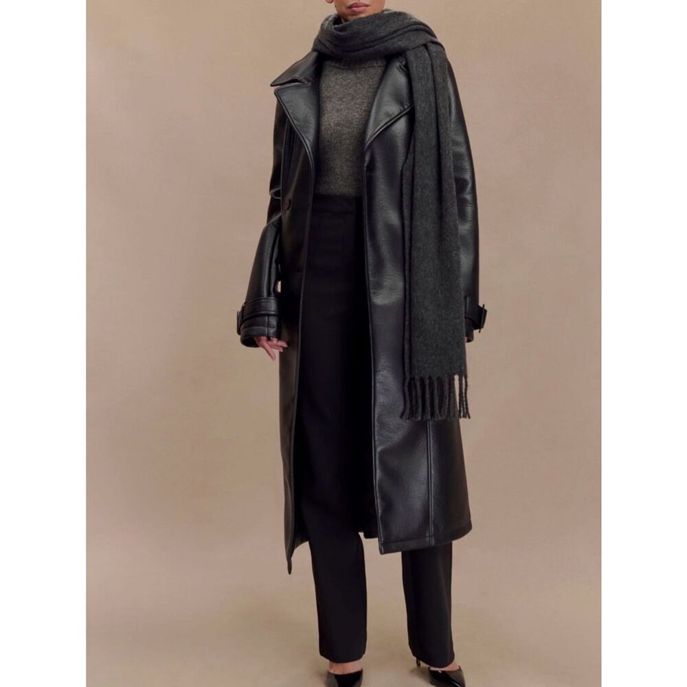 Meshki Tarah Faux Leather Trench Coat Black Large EUC